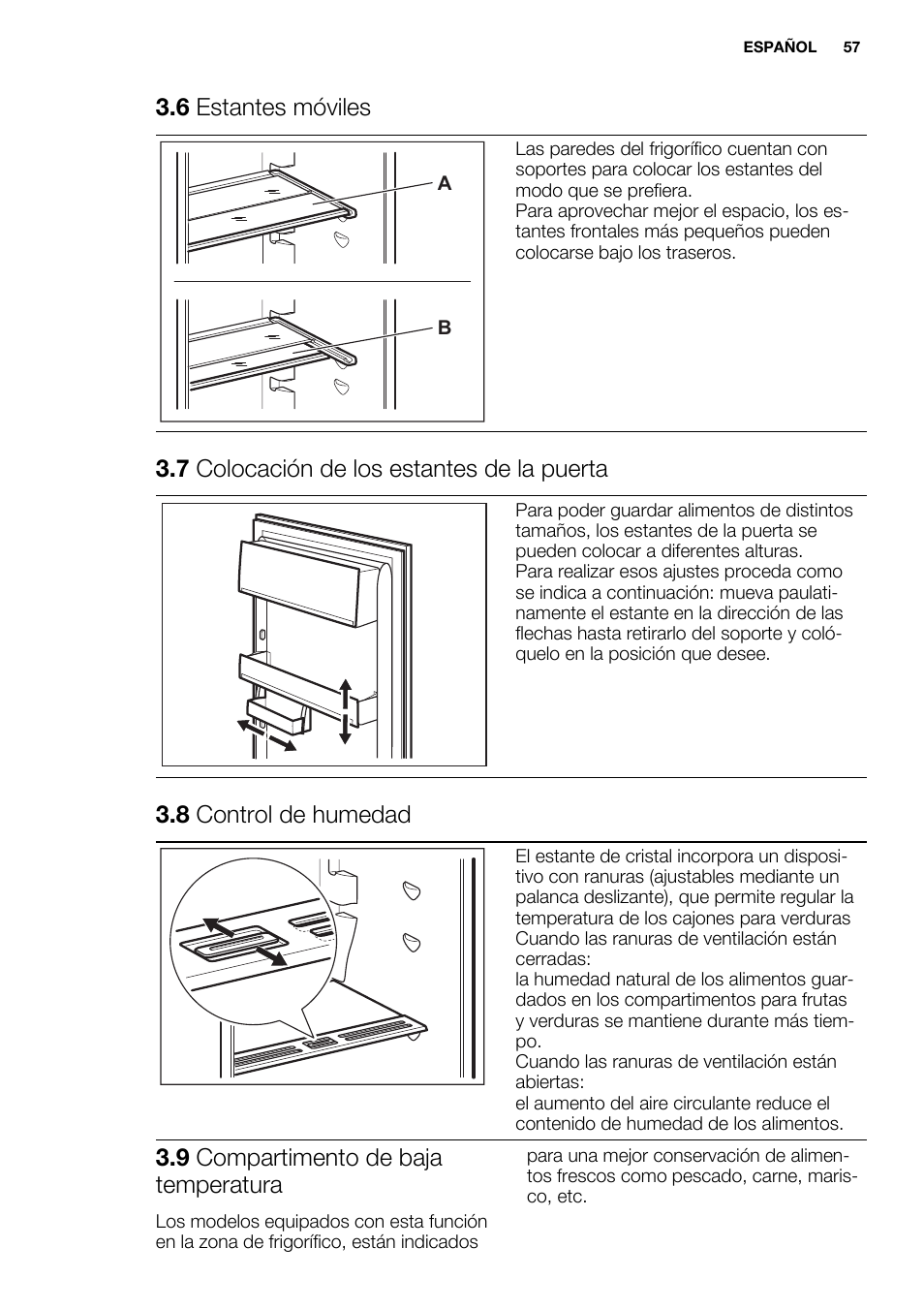 6 estantes móviles, 7 colocación de los estantes de la puerta, 8 control de humedad | 9 compartimento de baja temperatura | Electrolux ENN2814COW User Manual | Page 57 / 76