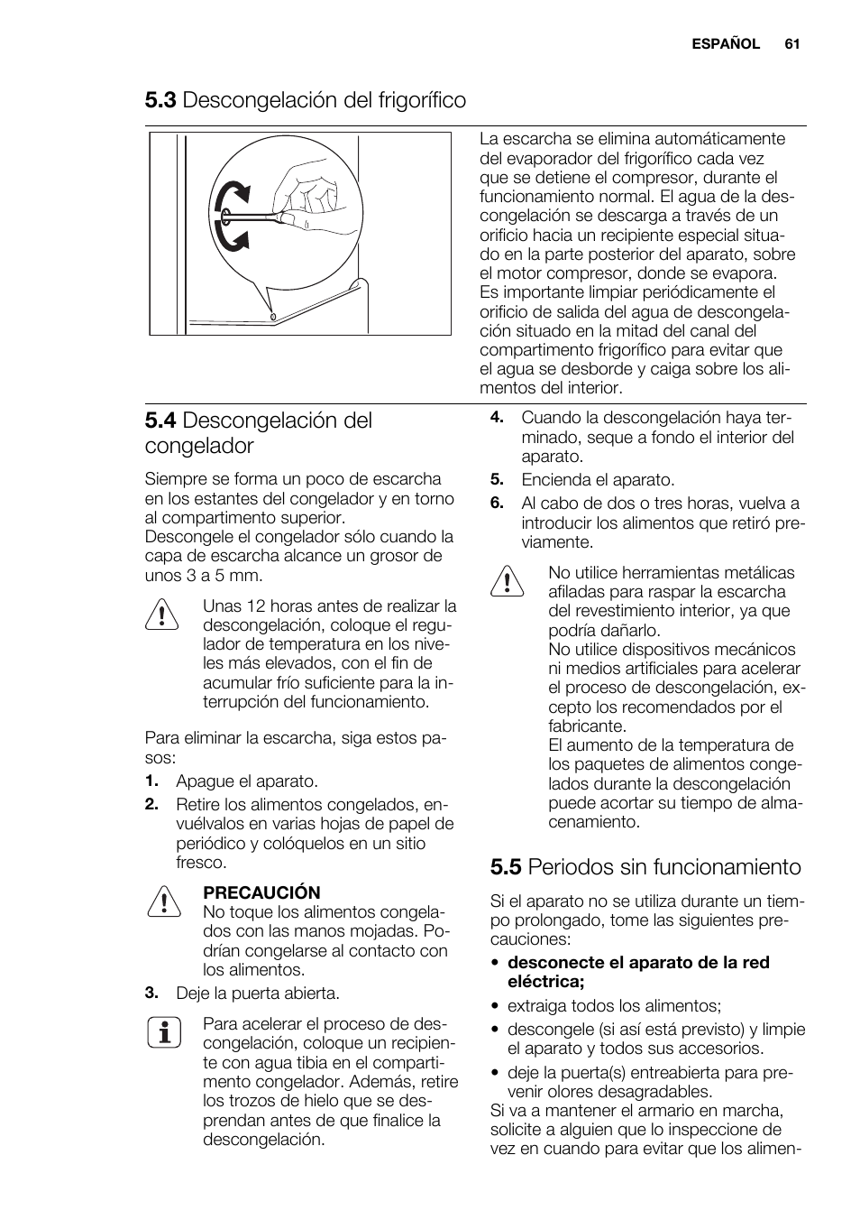 3 descongelación del frigorífico, 4 descongelación del congelador, 5 periodos sin funcionamiento | Electrolux ENN2814COW User Manual | Page 61 / 76