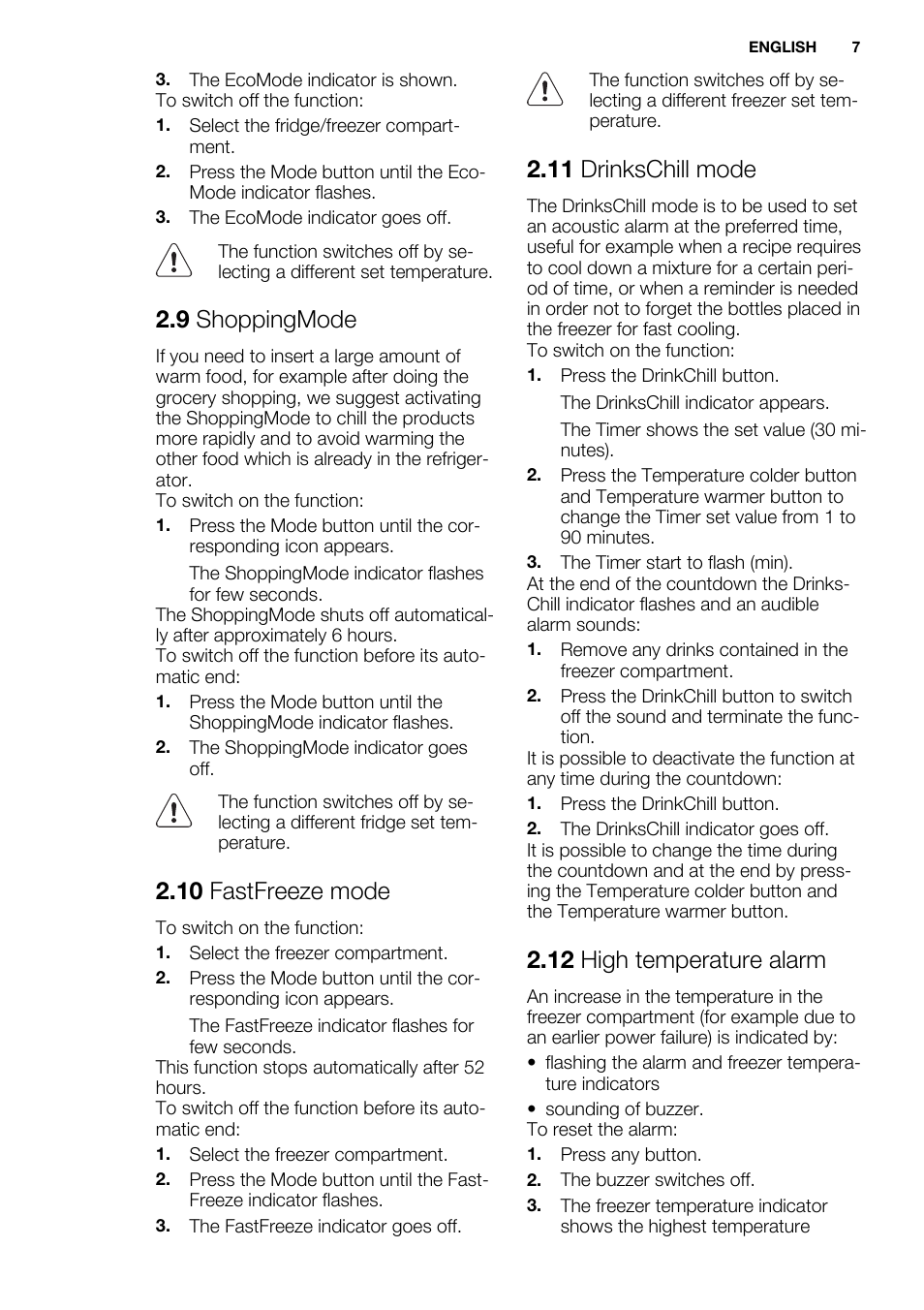 9 shoppingmode, 10 fastfreeze mode, 11 drinkschill mode | 12 high temperature alarm | Electrolux ENN2814COW User Manual | Page 7 / 76