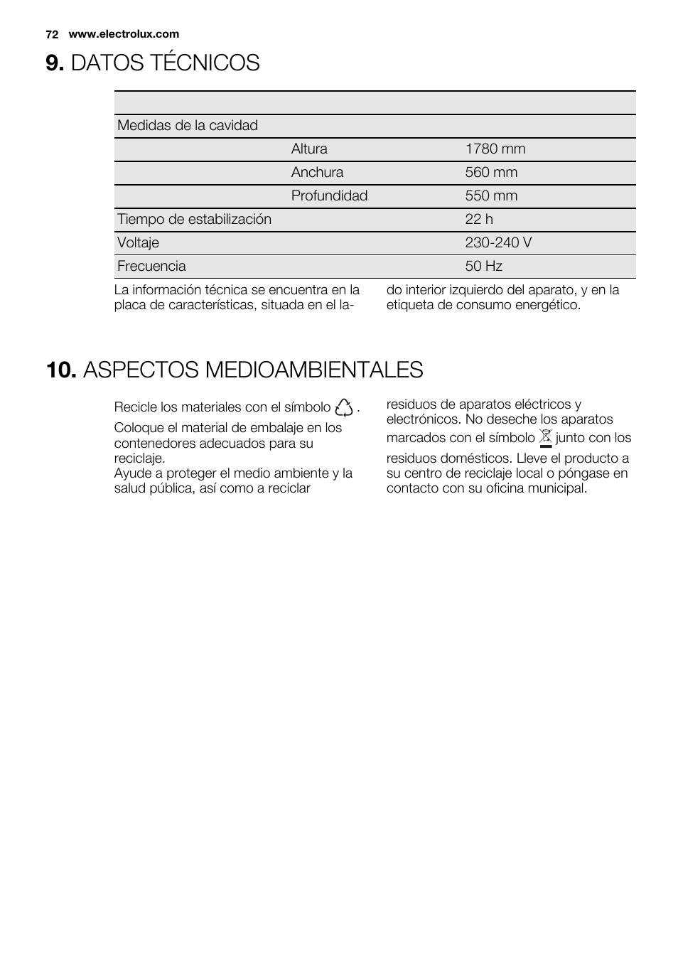 Datos técnicos, Aspectos medioambientales | Electrolux ENN2814COW User Manual | Page 72 / 76