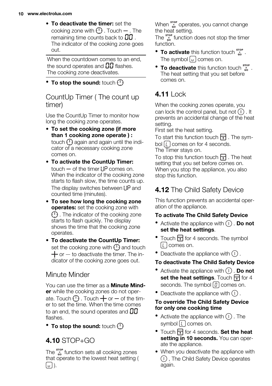 Countup timer ( the count up timer), Minute minder, 10 stop+go | 11 lock, 12 the child safety device | Electrolux EHI6740F9K User Manual | Page 10 / 76