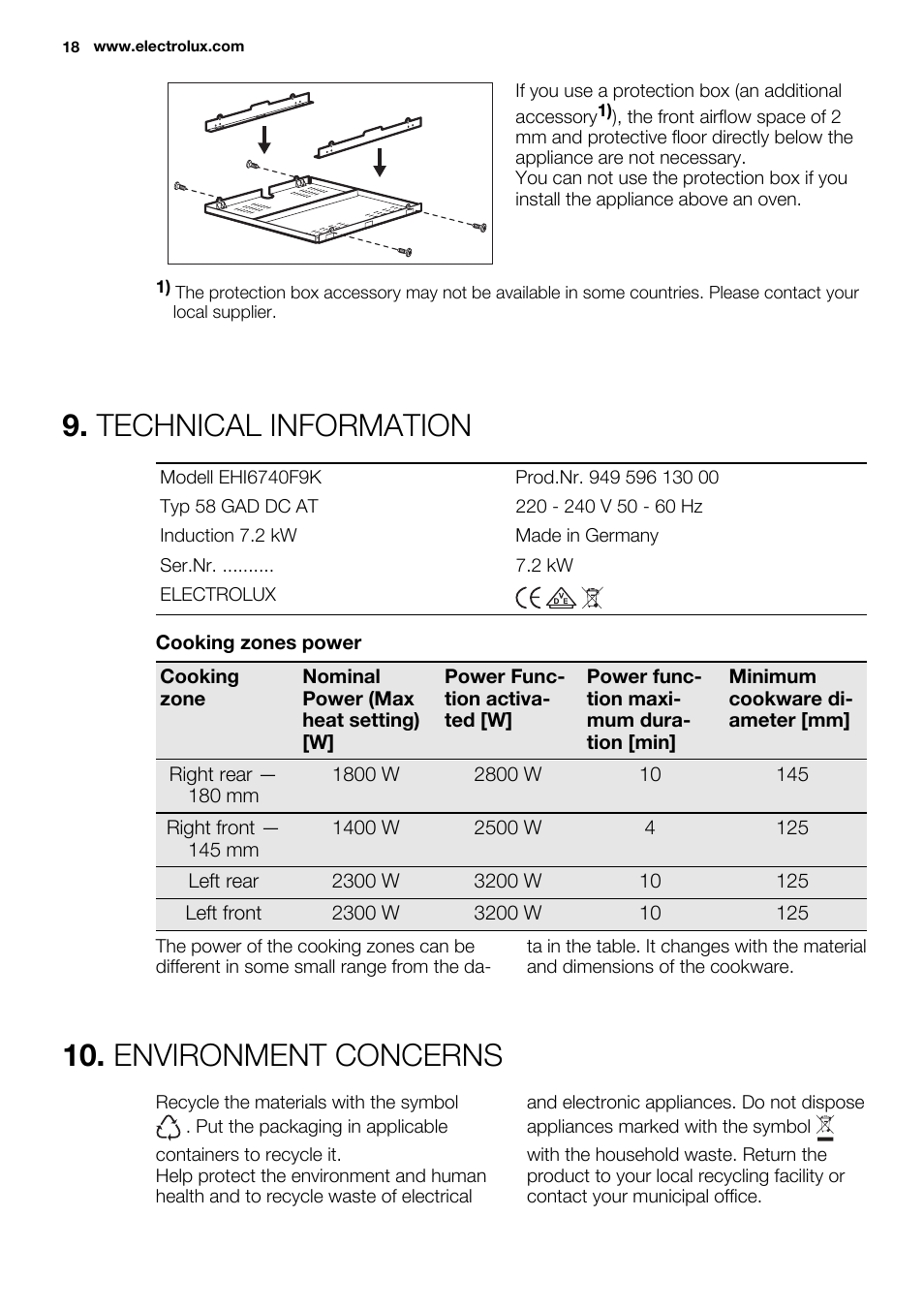 Technical information, Environment concerns | Electrolux EHI6740F9K User Manual | Page 18 / 76