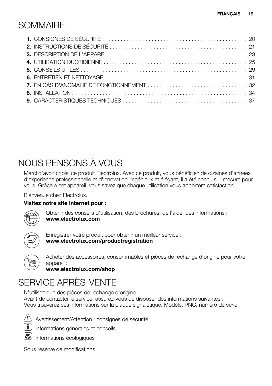 Sommaire, Nous pensons à vous, Service après-vente | Electrolux EHI6740F9K User Manual | Page 19 / 76