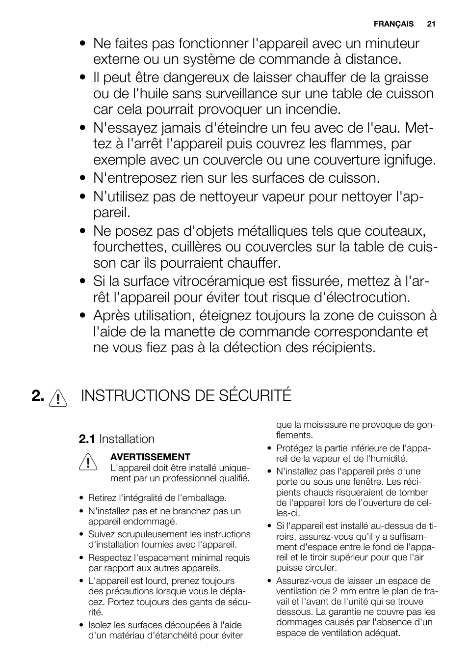 Instructions de sécurité | Electrolux EHI6740F9K User Manual | Page 21 / 76