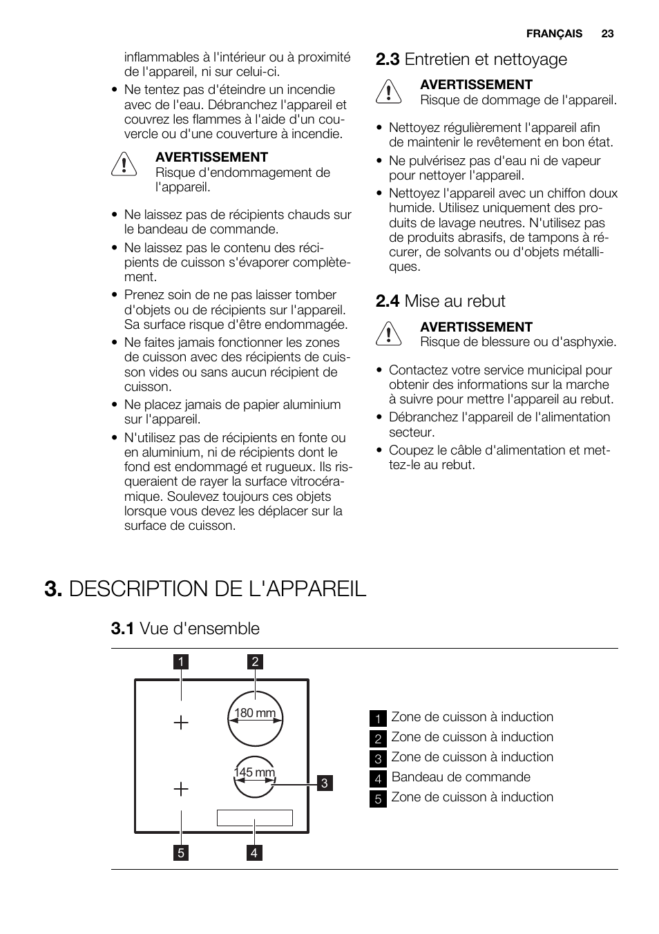 Description de l'appareil, 3 entretien et nettoyage, 4 mise au rebut | 1 vue d'ensemble | Electrolux EHI6740F9K User Manual | Page 23 / 76