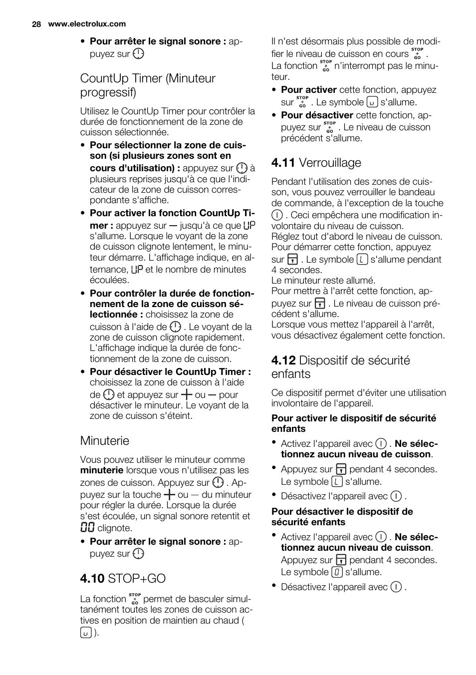 Countup timer (minuteur progressif), Minuterie, 10 stop+go | 11 verrouillage, 12 dispositif de sécurité enfants | Electrolux EHI6740F9K User Manual | Page 28 / 76