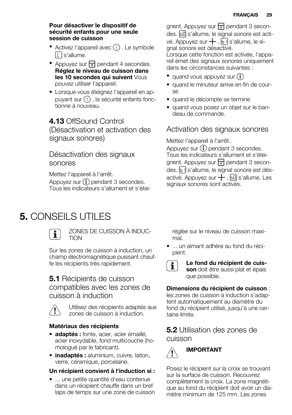 Conseils utiles, Activation des signaux sonores, 2 utilisation des zones de cuisson | Electrolux EHI6740F9K User Manual | Page 29 / 76