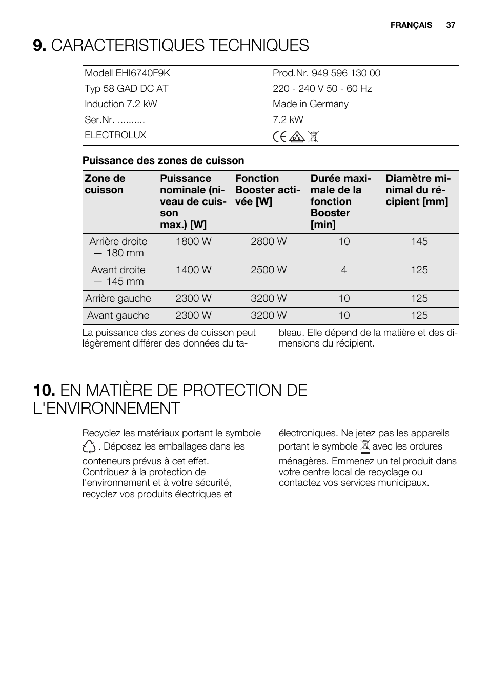 Caracteristiques techniques, En matière de protection de l'environnement | Electrolux EHI6740F9K User Manual | Page 37 / 76