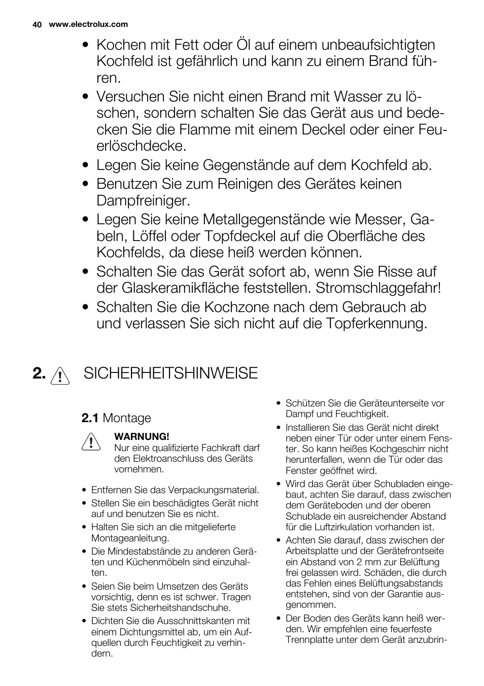Sicherheitshinweise | Electrolux EHI6740F9K User Manual | Page 40 / 76