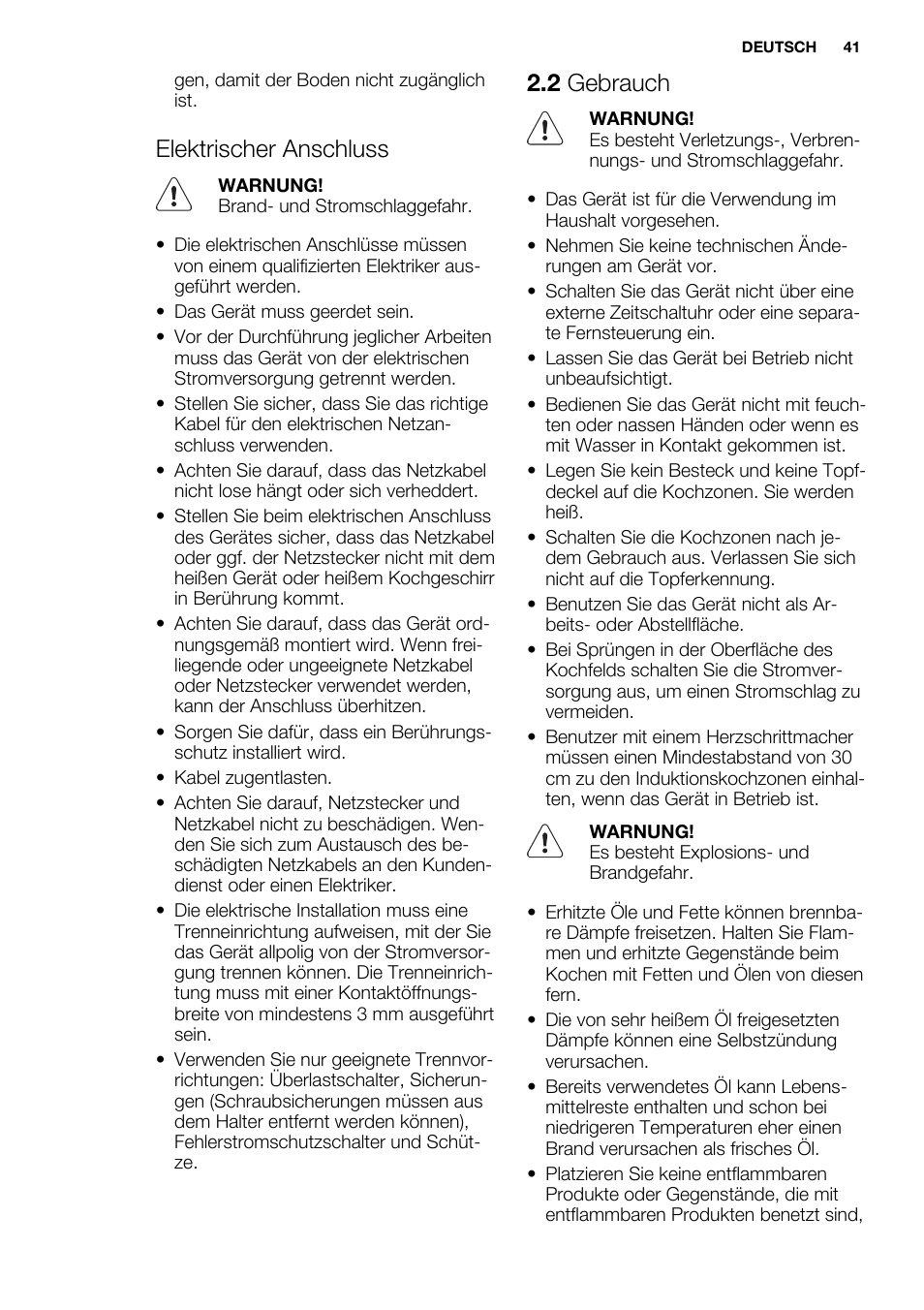 Elektrischer anschluss, 2 gebrauch | Electrolux EHI6740F9K User Manual | Page 41 / 76