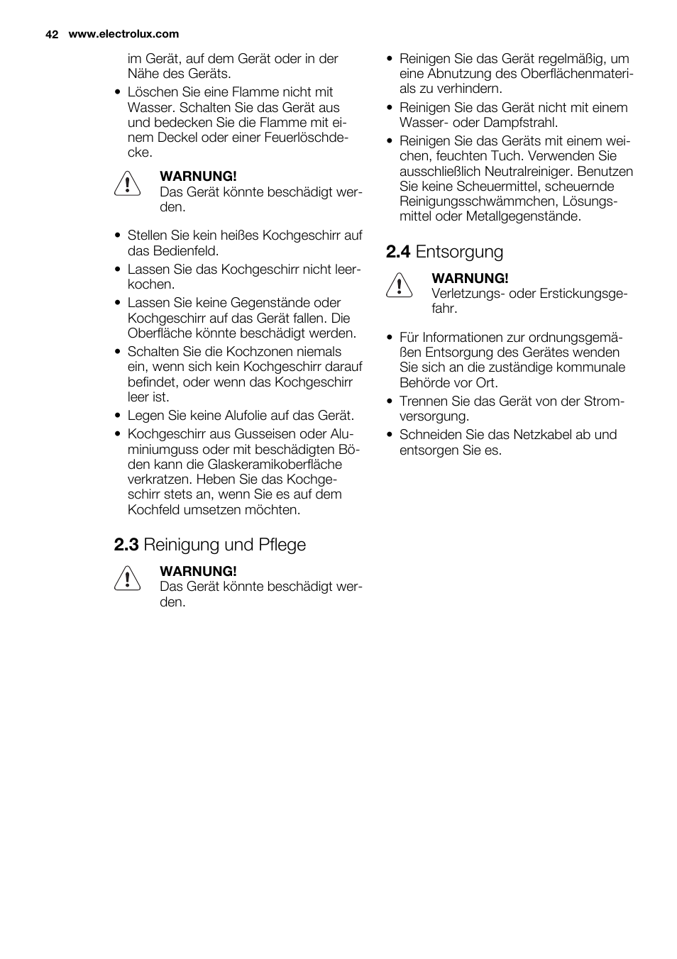 3 reinigung und pflege, 4 entsorgung | Electrolux EHI6740F9K User Manual | Page 42 / 76