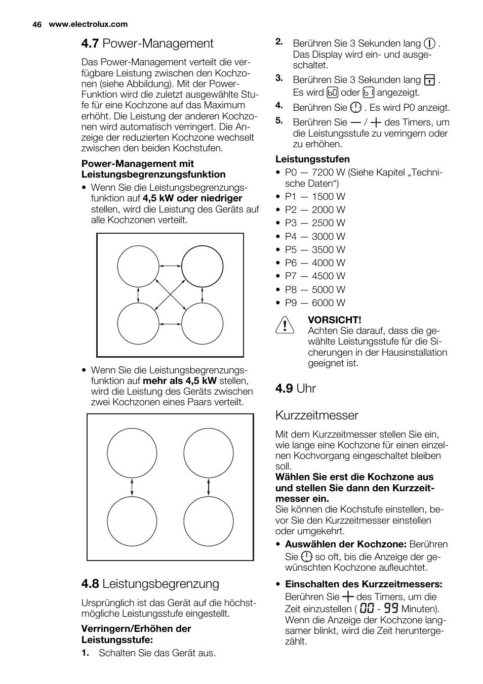 7 power-management, 8 leistungsbegrenzung, 9 uhr kurzzeitmesser | Electrolux EHI6740F9K User Manual | Page 46 / 76