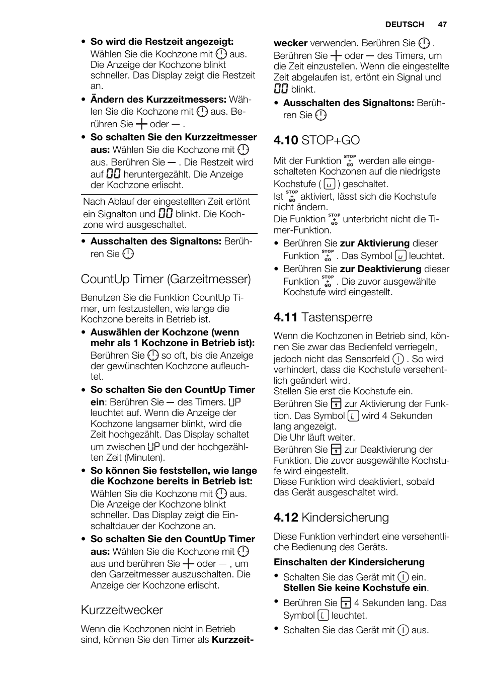 Countup timer (garzeitmesser), Kurzzeitwecker, 10 stop+go | 11 tastensperre, 12 kindersicherung | Electrolux EHI6740F9K User Manual | Page 47 / 76