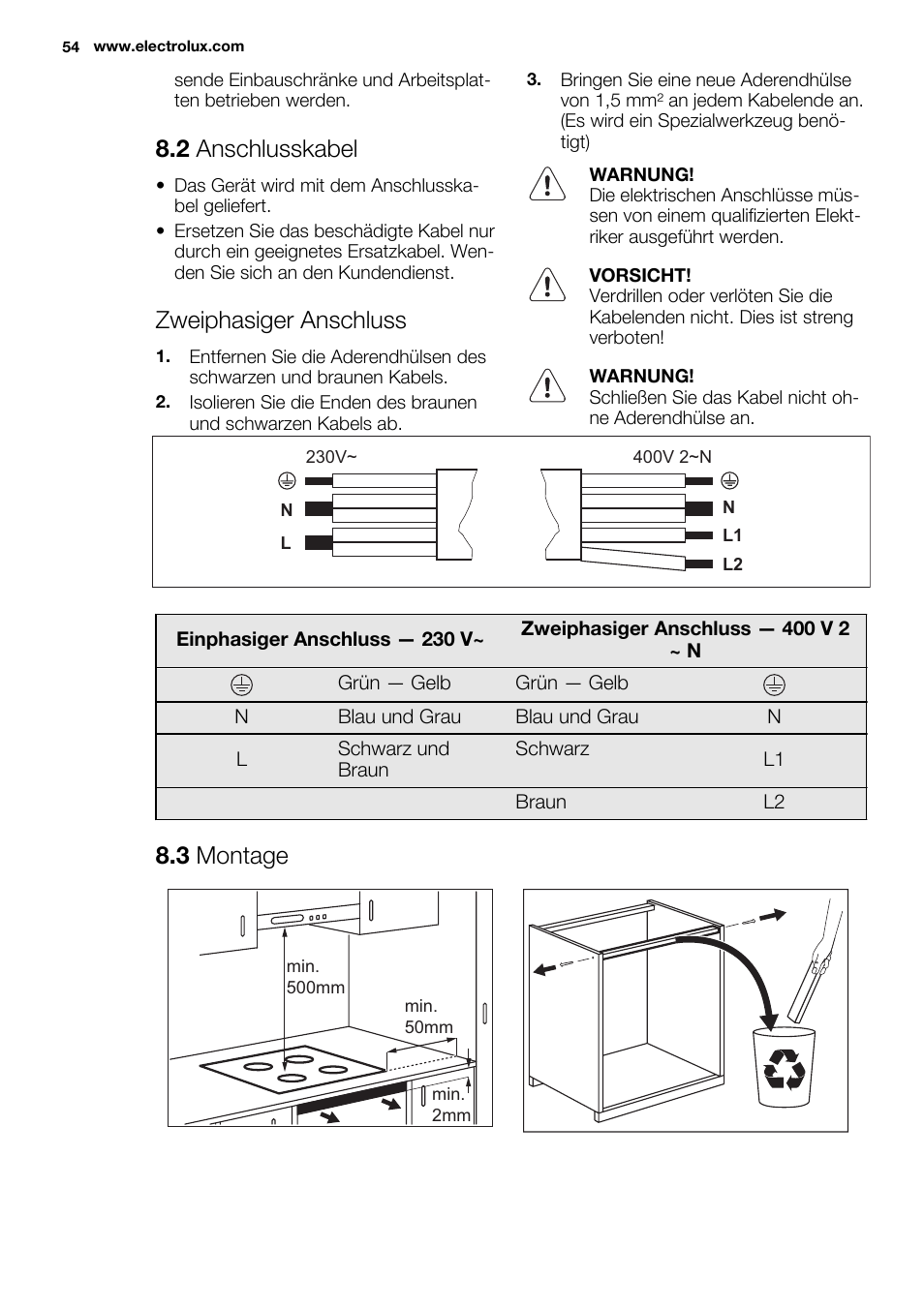 2 anschlusskabel, Zweiphasiger anschluss, 3 montage | Electrolux EHI6740F9K User Manual | Page 54 / 76