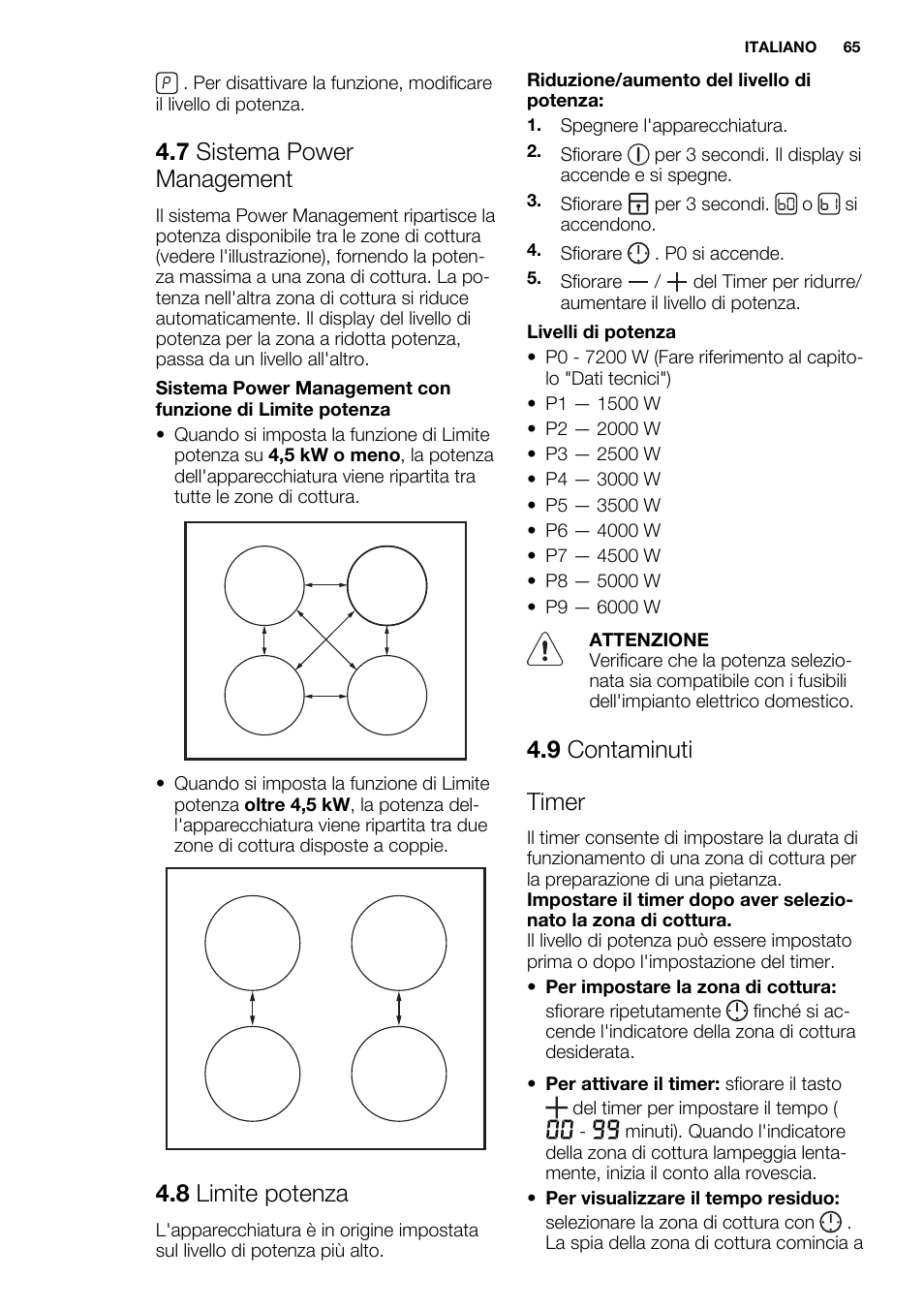 7 sistema power management, 8 limite potenza, 9 contaminuti timer | Electrolux EHI6740F9K User Manual | Page 65 / 76