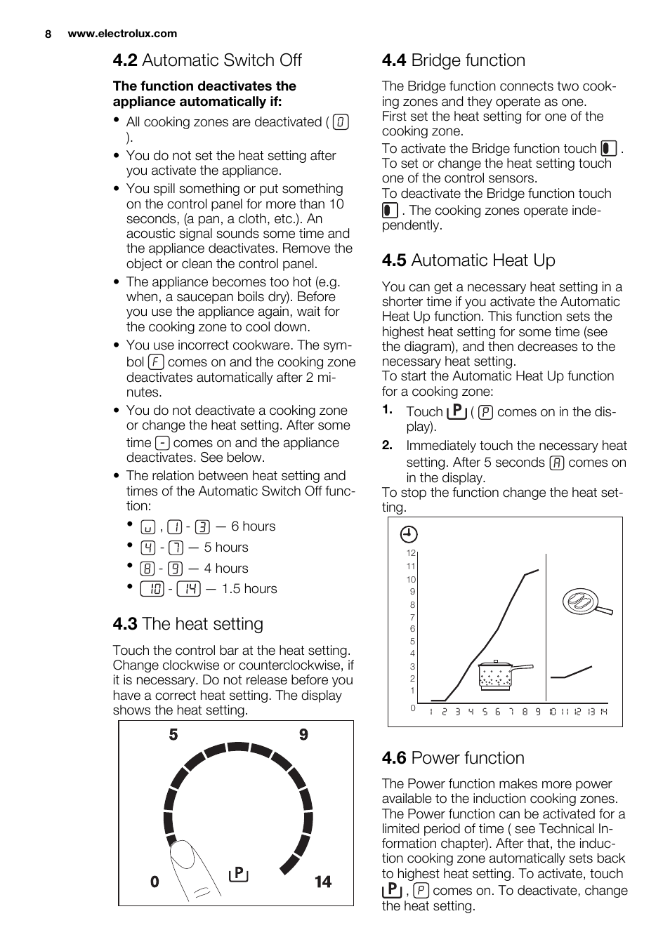 2 automatic switch off, 3 the heat setting, 4 bridge function | 5 automatic heat up, 6 power function | Electrolux EHI6740F9K User Manual | Page 8 / 76