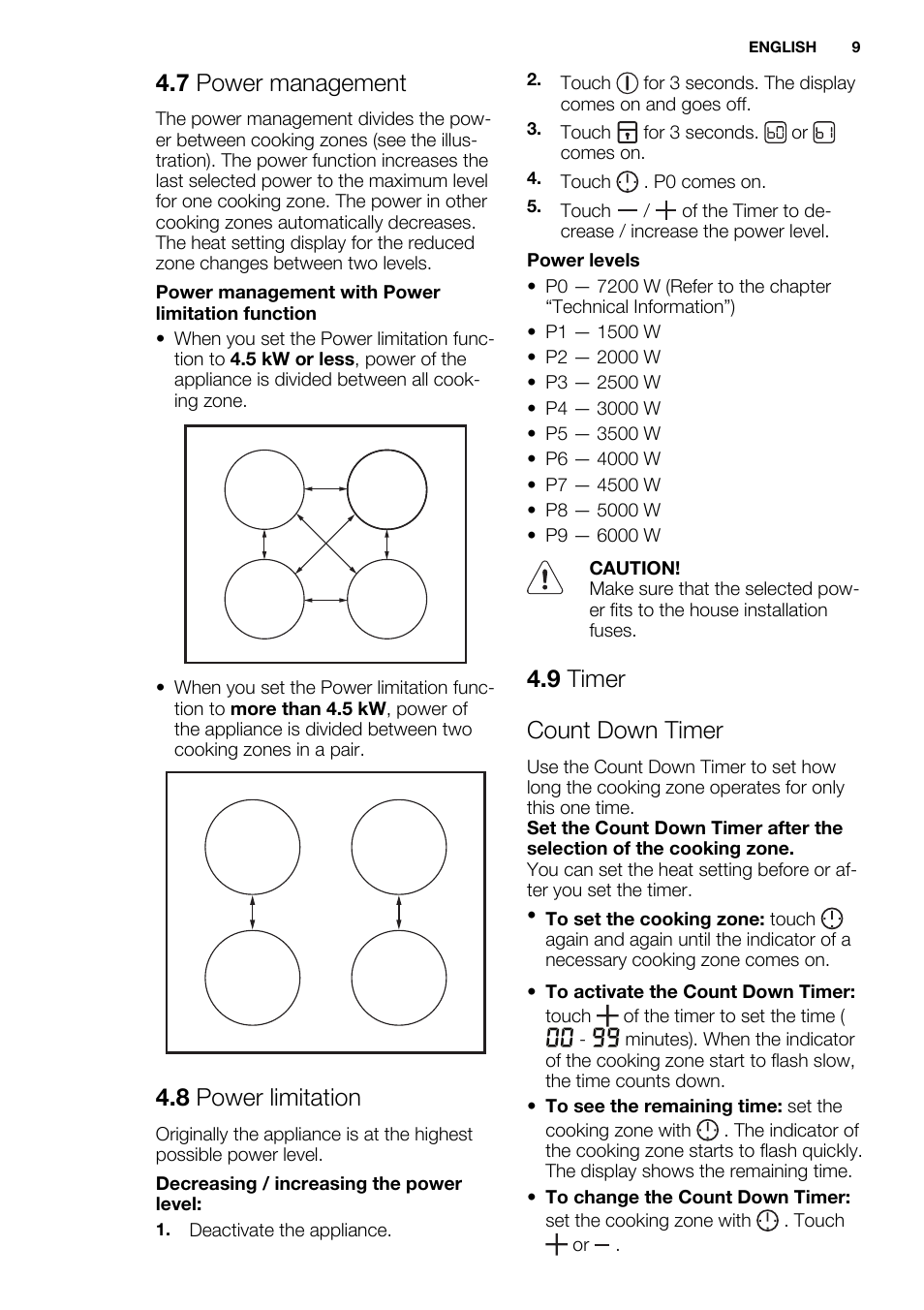 7 power management, 8 power limitation, 9 timer count down timer | Electrolux EHI6740F9K User Manual | Page 9 / 76