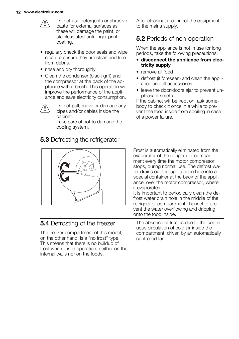 2 periods of non-operation, 3 defrosting the refrigerator, 4 defrosting of the freezer | Electrolux ENN2853COW User Manual | Page 12 / 72