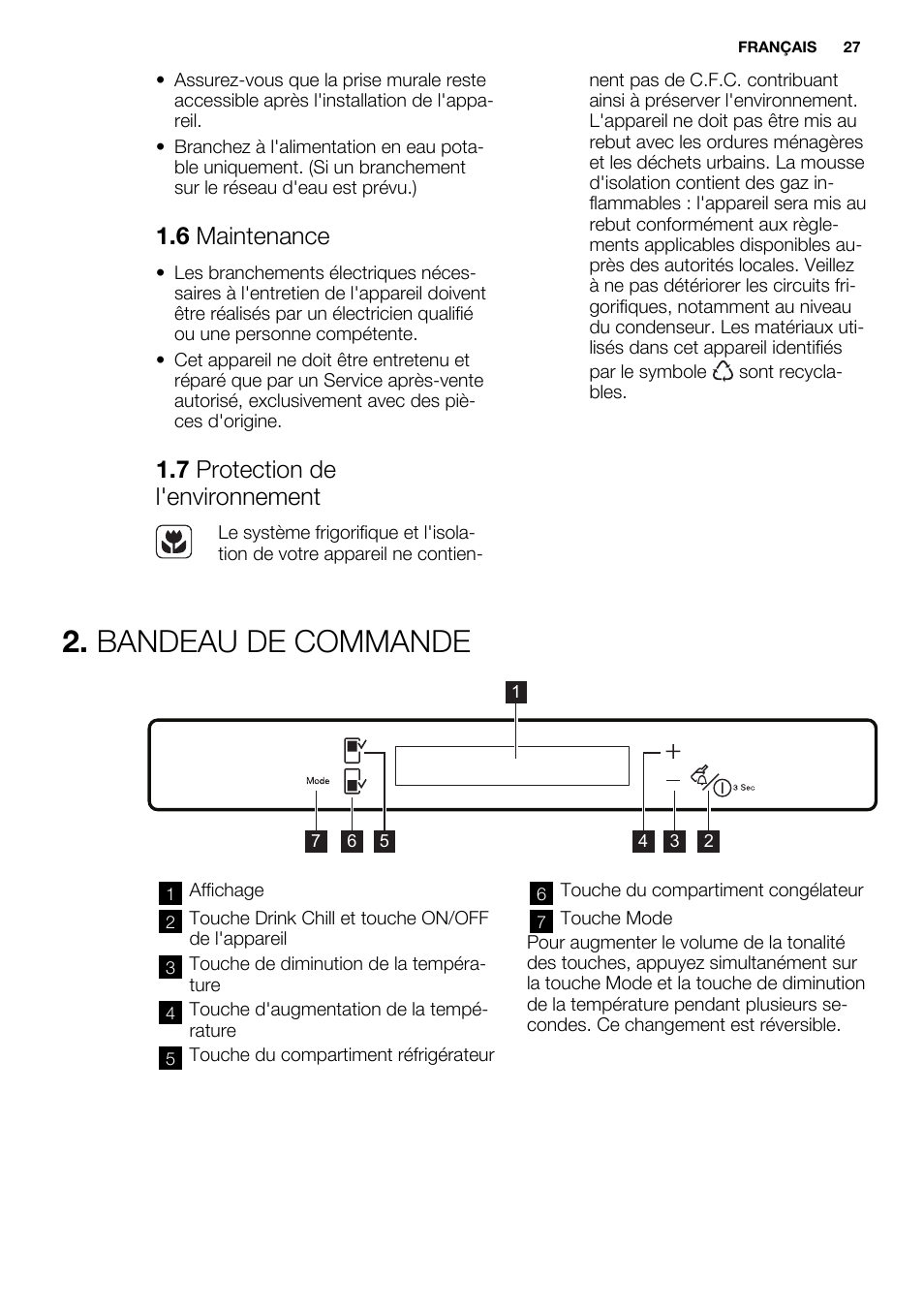 Bandeau de commande, 6 maintenance, 7 protection de l'environnement | Electrolux ENN2853COW User Manual | Page 27 / 72