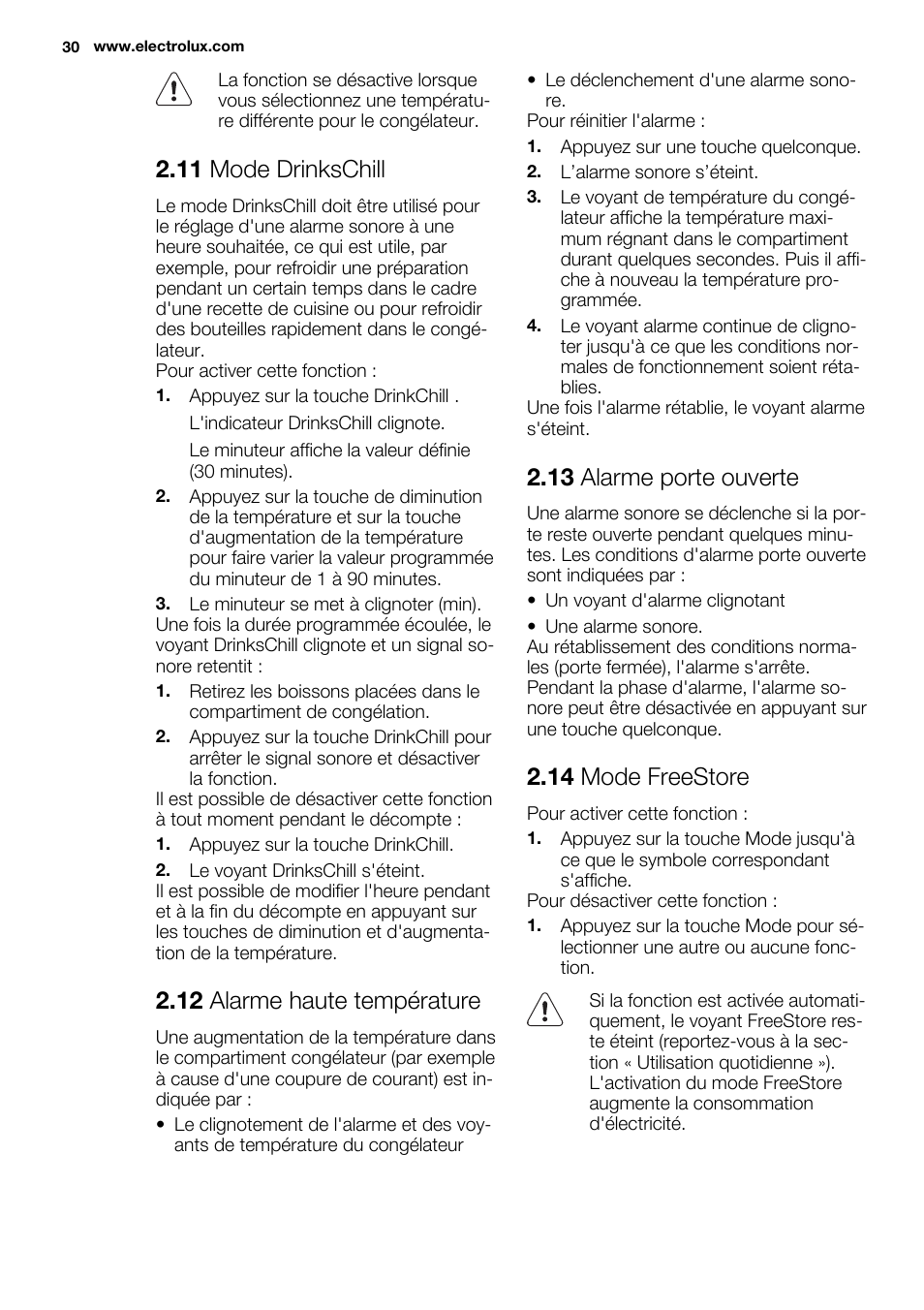 11 mode drinkschill, 12 alarme haute température, 13 alarme porte ouverte | 14 mode freestore | Electrolux ENN2853COW User Manual | Page 30 / 72