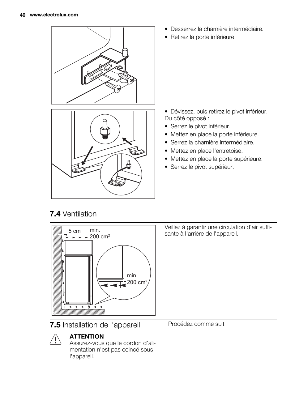 4 ventilation, 5 installation de l'appareil | Electrolux ENN2853COW User Manual | Page 40 / 72