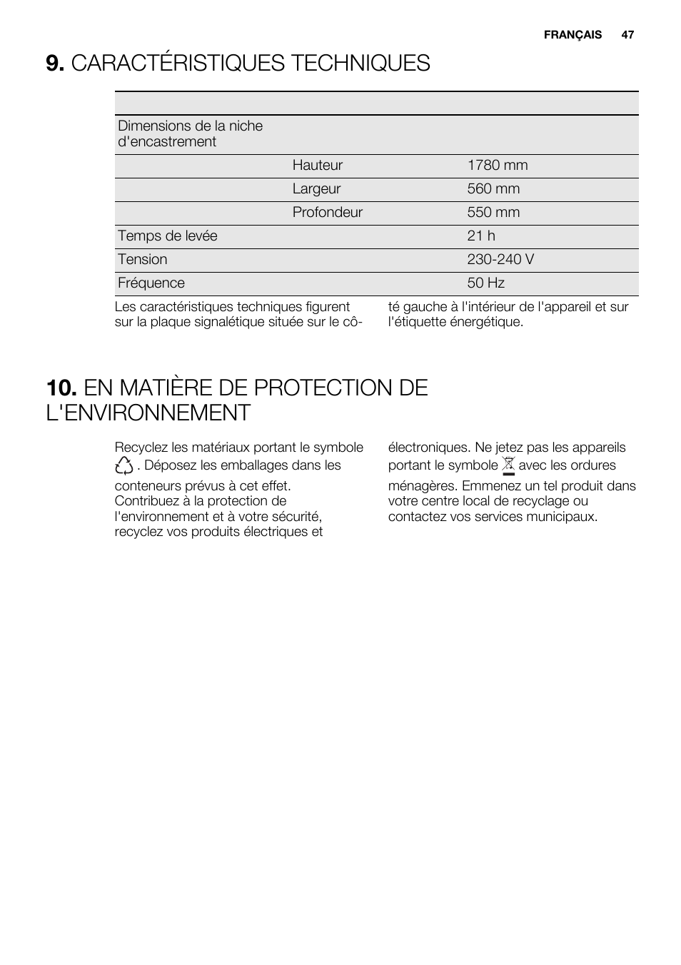 Caractéristiques techniques, En matière de protection de l'environnement | Electrolux ENN2853COW User Manual | Page 47 / 72