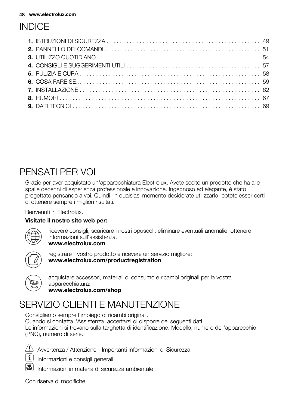 Indice, Pensati per voi, Servizio clienti e manutenzione | Electrolux ENN2853COW User Manual | Page 48 / 72