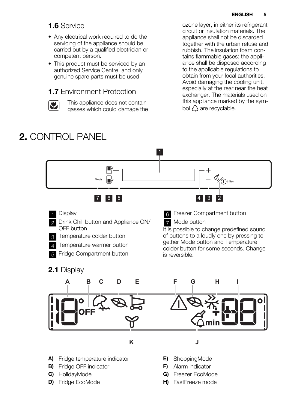 Control panel, 6 service, 7 environment protection | 1 display | Electrolux ENN2853COW User Manual | Page 5 / 72