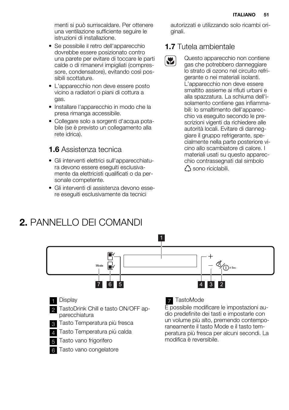 Pannello dei comandi, 6 assistenza tecnica, 7 tutela ambientale | Electrolux ENN2853COW User Manual | Page 51 / 72