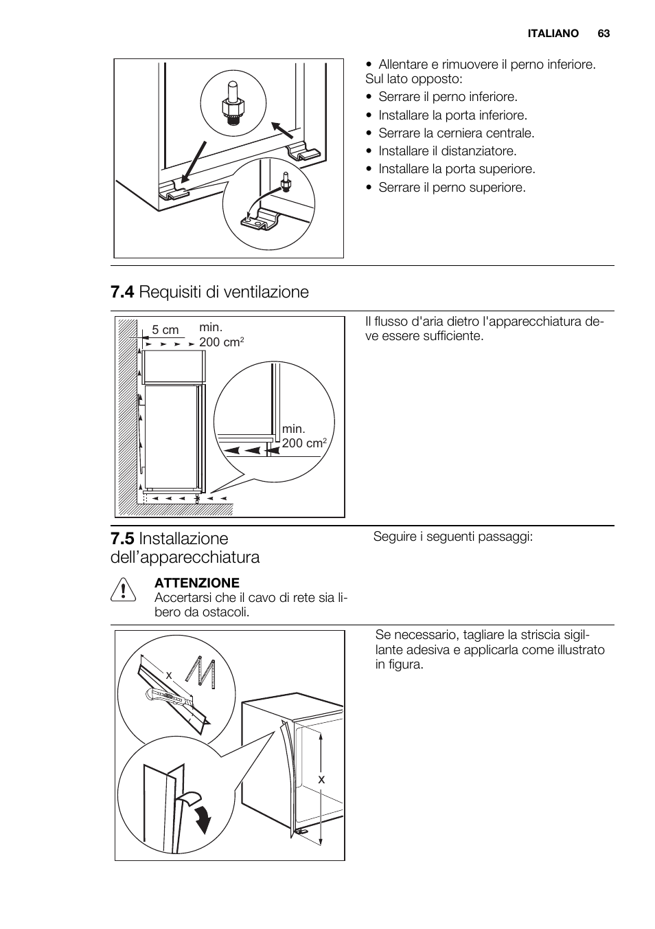 4 requisiti di ventilazione, 5 installazione dell’apparecchiatura | Electrolux ENN2853COW User Manual | Page 63 / 72