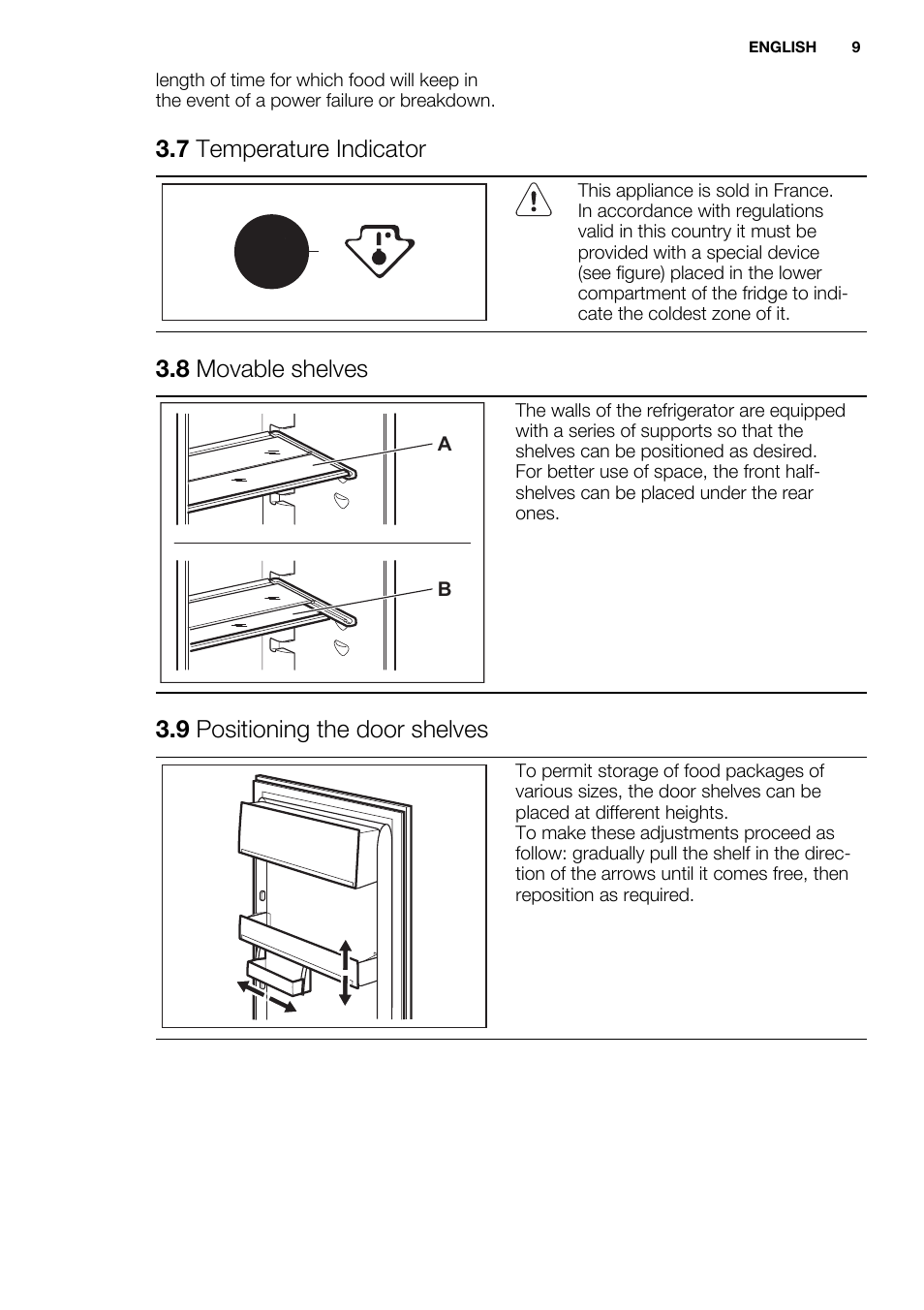 7 temperature indicator, 8 movable shelves, 9 positioning the door shelves | Electrolux ENN2853COW User Manual | Page 9 / 72