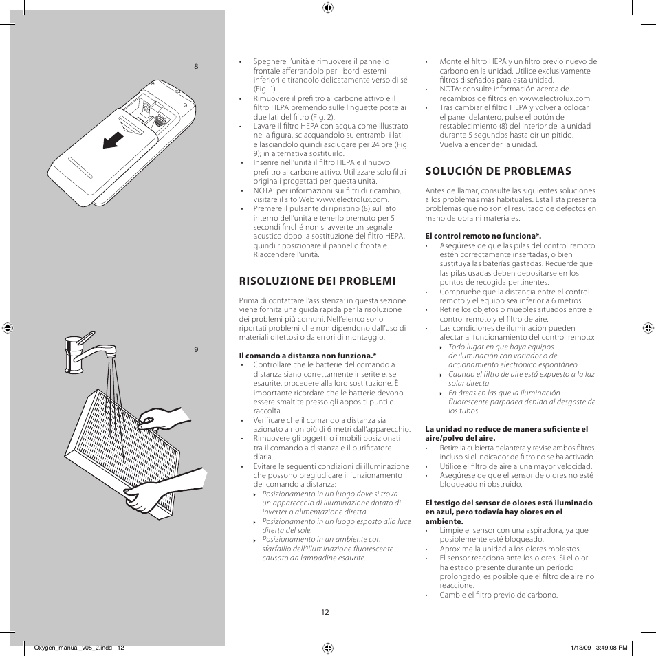 Risoluzione dei problemi, Solución de problemas | Electrolux Z9124 User Manual | Page 12 / 76