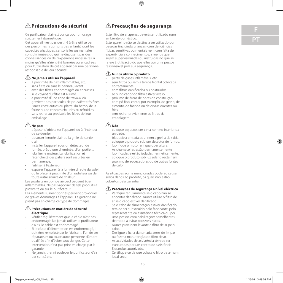 F pt, Précautions de sécurité, Precauções de segurança | Electrolux Z9124 User Manual | Page 15 / 76