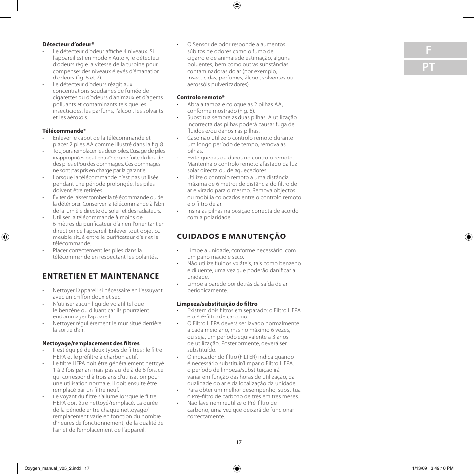 F pt, Entretien et maintenance, Cuidados e manutenção | Electrolux Z9124 User Manual | Page 17 / 76