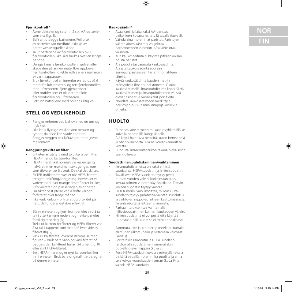 Nor fin, Stell og vedlikehold, Huolto | Electrolux Z9124 User Manual | Page 29 / 76