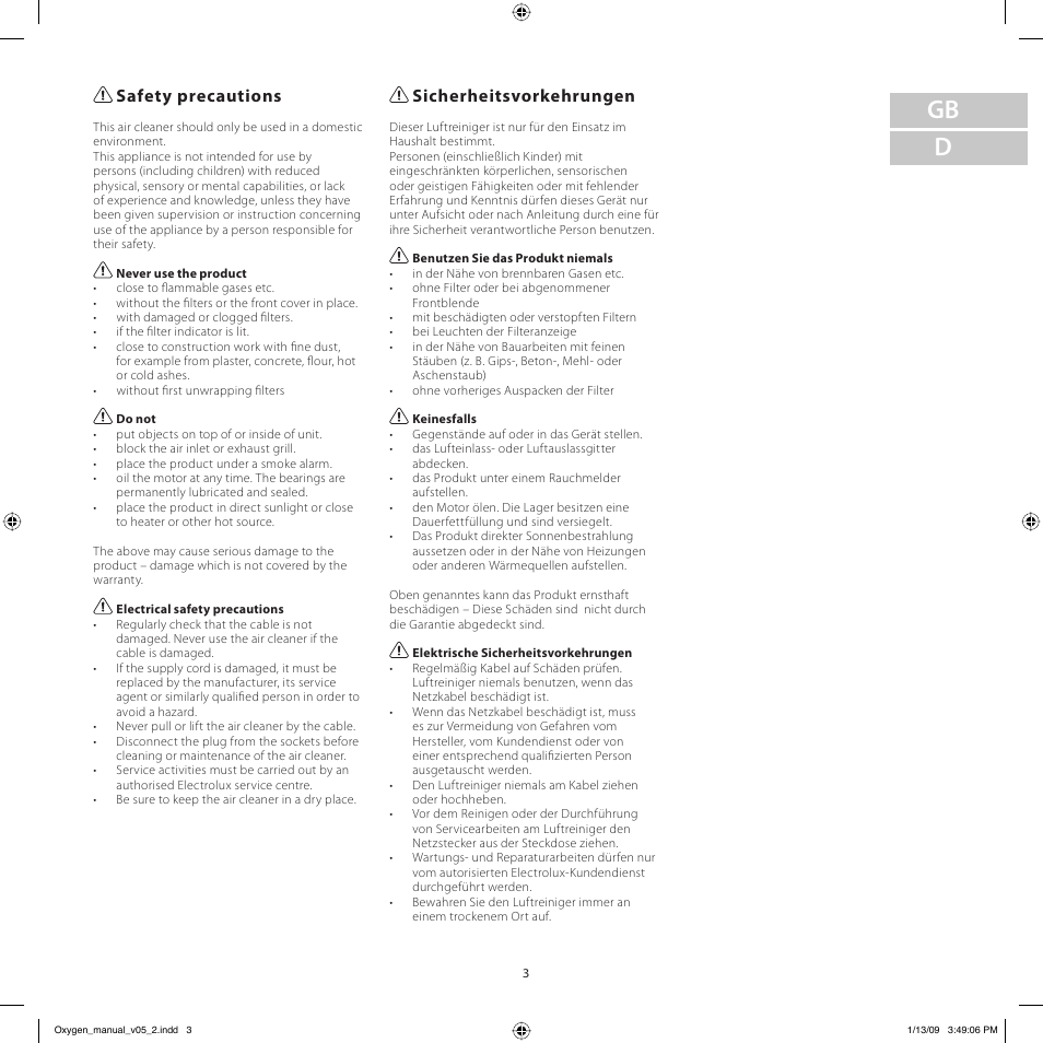 Gb d, Safety precautions, Sicherheitsvorkehrungen | Electrolux Z9124 User Manual | Page 3 / 76