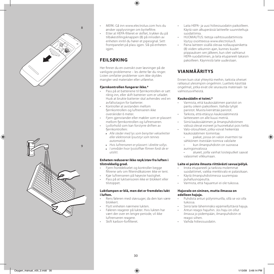 Feilsøking, Vianmääritys | Electrolux Z9124 User Manual | Page 30 / 76