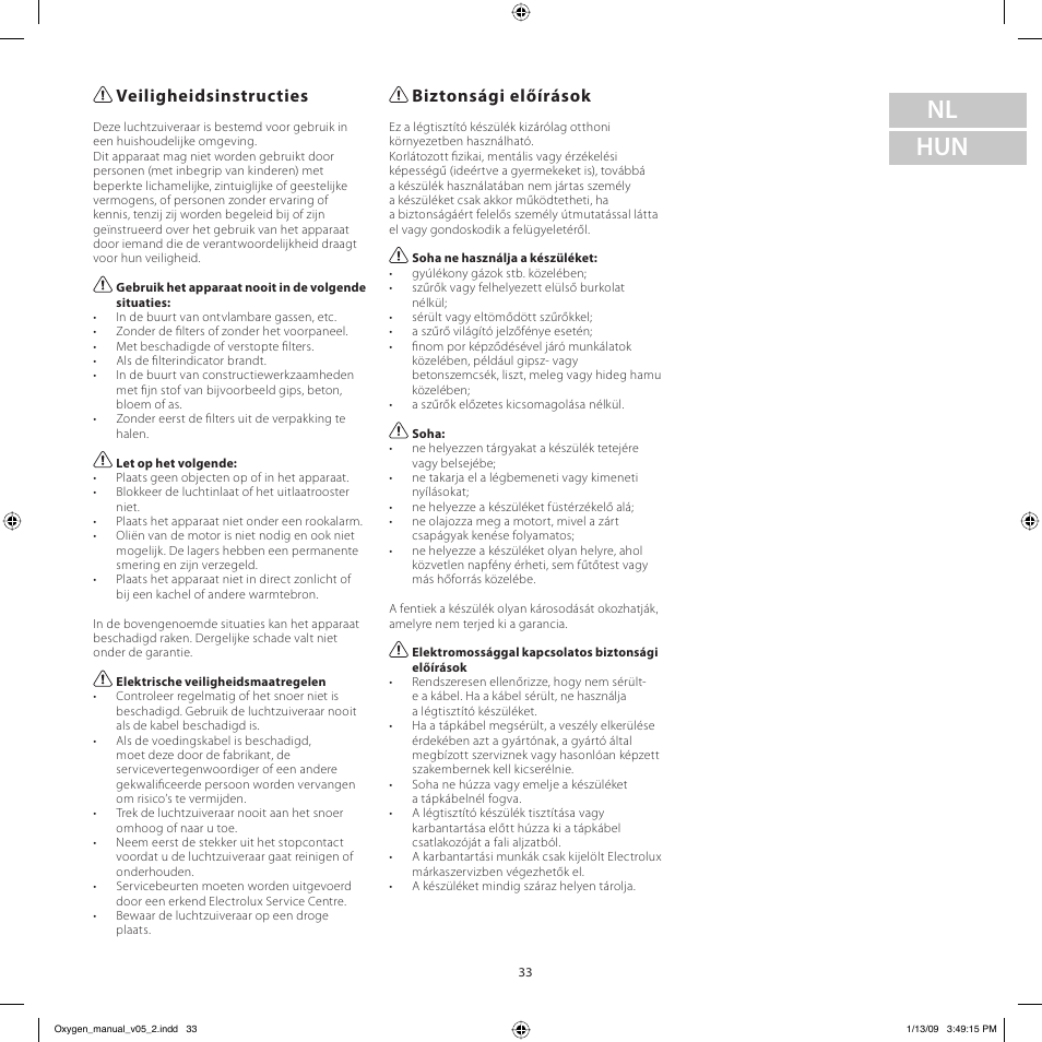 Nl hun, Veiligheidsinstructies, Biztonsági előírások | Electrolux Z9124 User Manual | Page 33 / 76