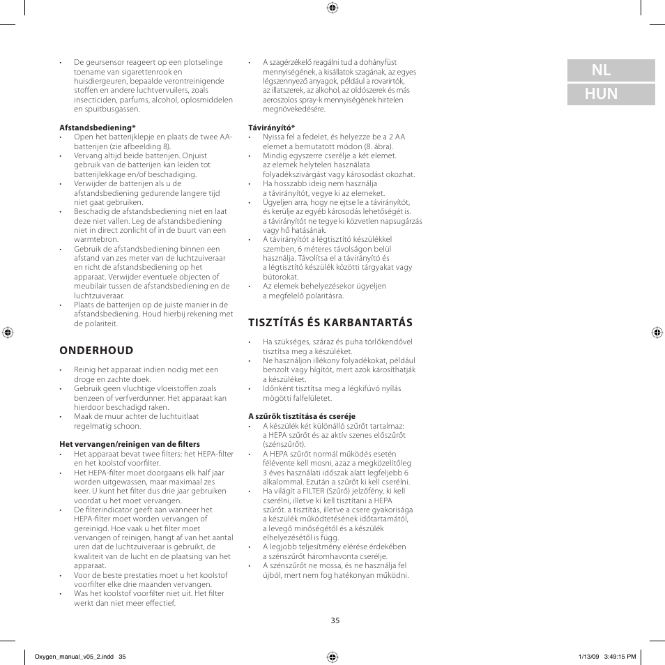 Nl hun, Onderhoud, Tisztítás és karbantartás | Electrolux Z9124 User Manual | Page 35 / 76