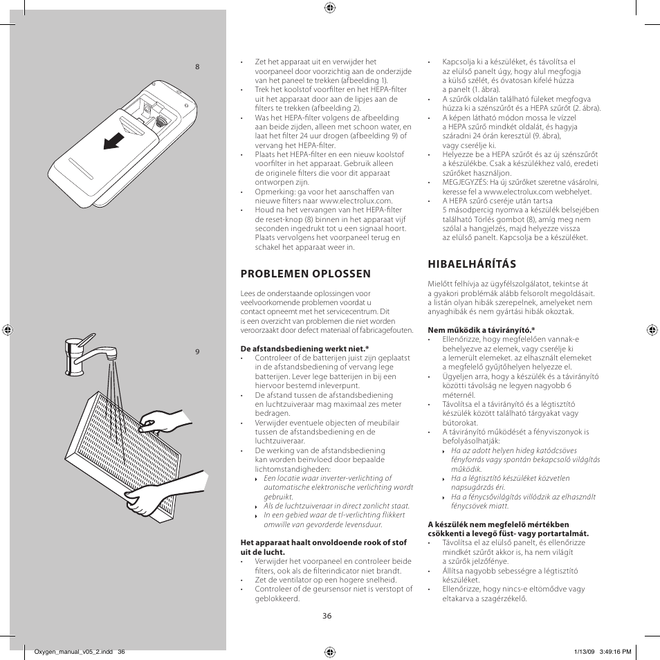 Problemen oplossen, Hibaelhárítás | Electrolux Z9124 User Manual | Page 36 / 76