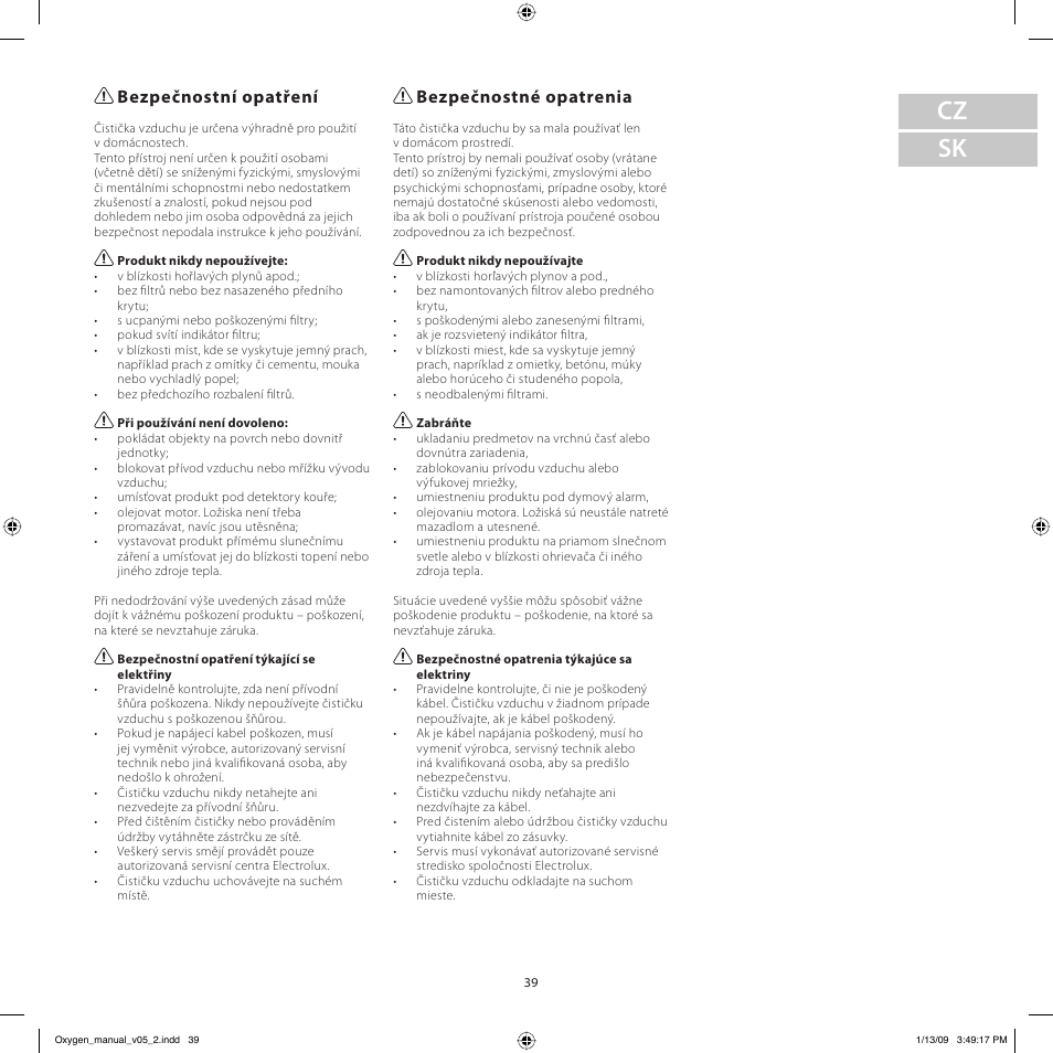 Cz sk, Bezpečnostní opatření, Bezpečnostné opatrenia | Electrolux Z9124 User Manual | Page 39 / 76