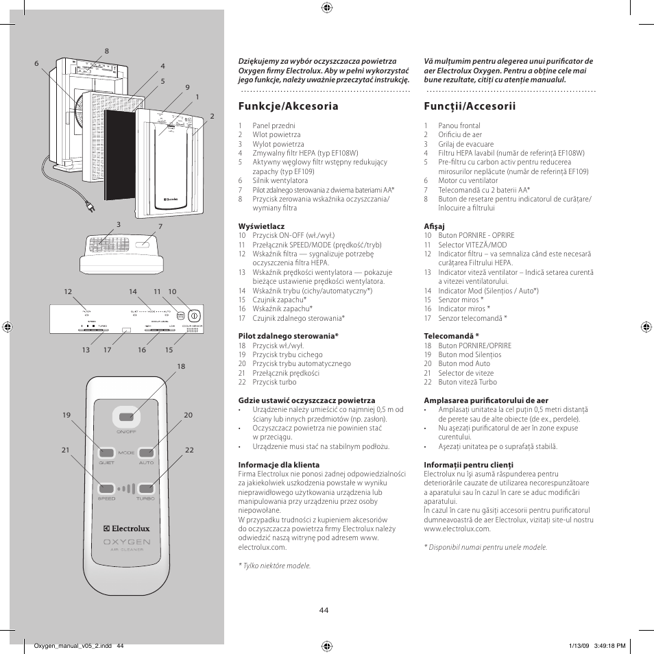 Funkcje/akcesoria, Funcţii/accesorii | Electrolux Z9124 User Manual | Page 44 / 76