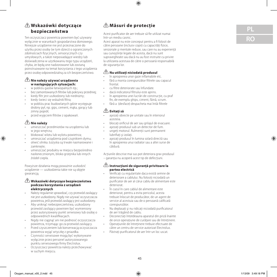 Pl ro, Wskazówki dotyczące bezpieczeństwa, Măsuri de protecţie | Electrolux Z9124 User Manual | Page 45 / 76