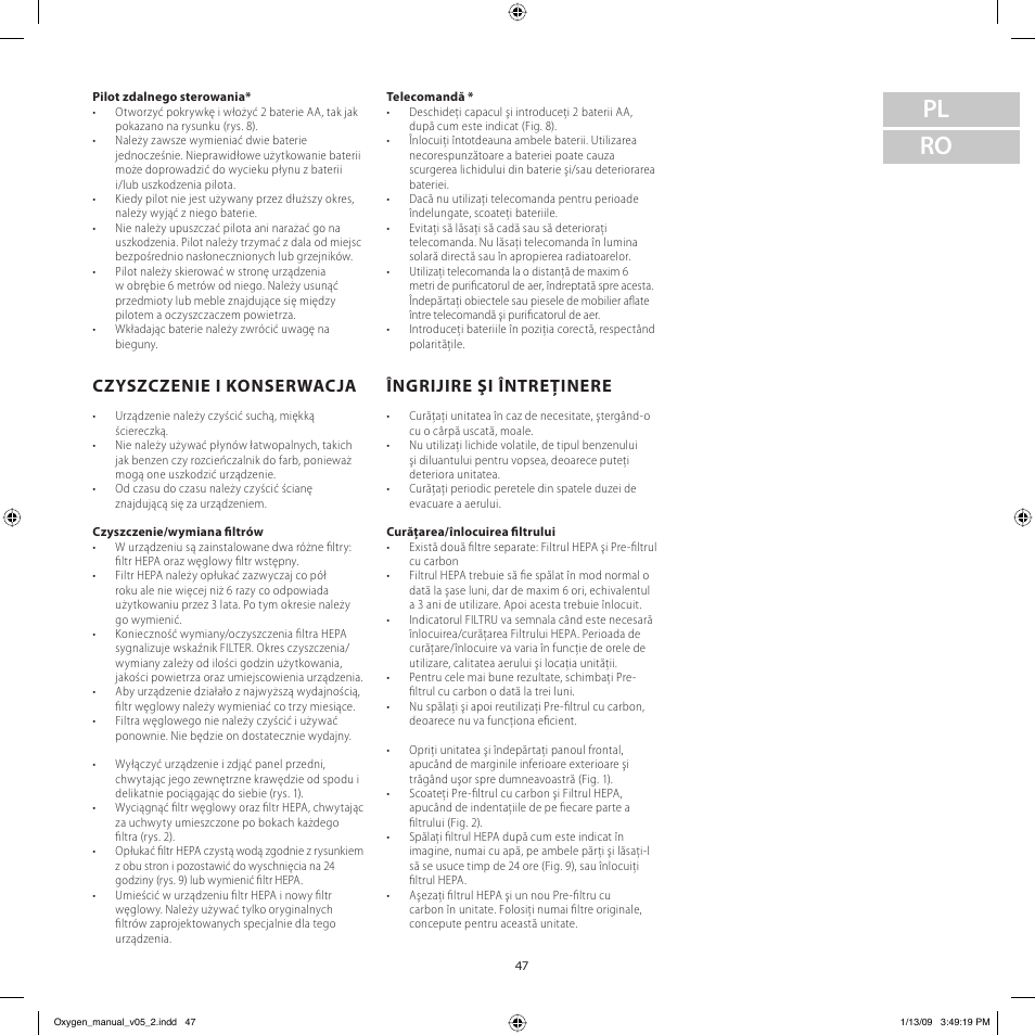 Pl ro, Czyszczenie i konserwacja, Îngrijire şi întreţinere | Electrolux Z9124 User Manual | Page 47 / 76