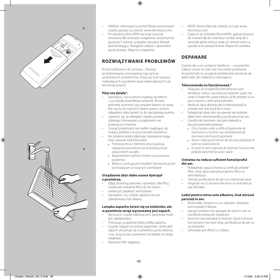 Rozwiązywanie problemów, Depanare | Electrolux Z9124 User Manual | Page 48 / 76