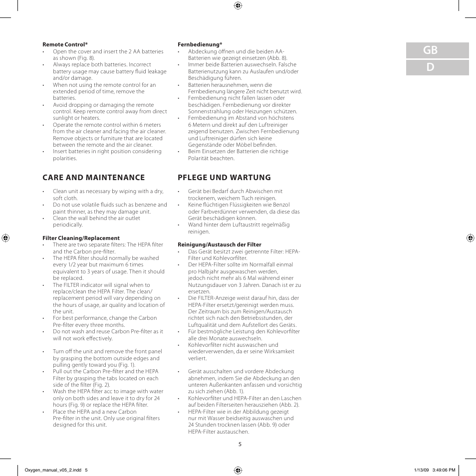 Gb d, Care and maintenance, Pflege und wartung | Electrolux Z9124 User Manual | Page 5 / 76