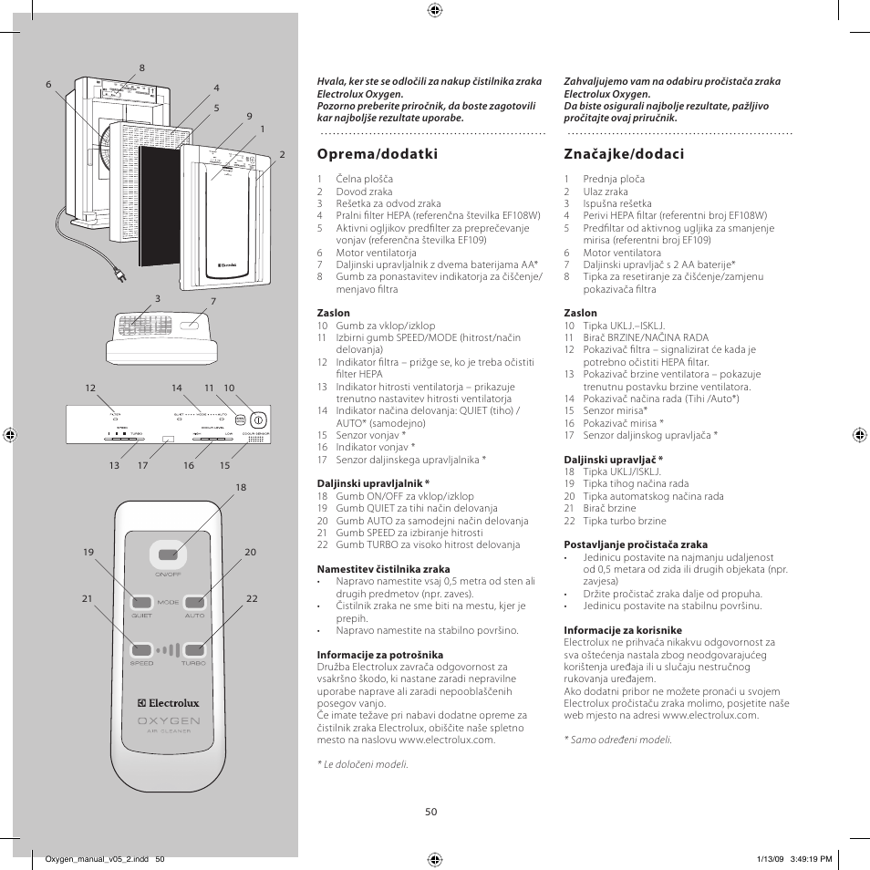 Oprema/dodatki, Značajke/dodaci | Electrolux Z9124 User Manual | Page 50 / 76