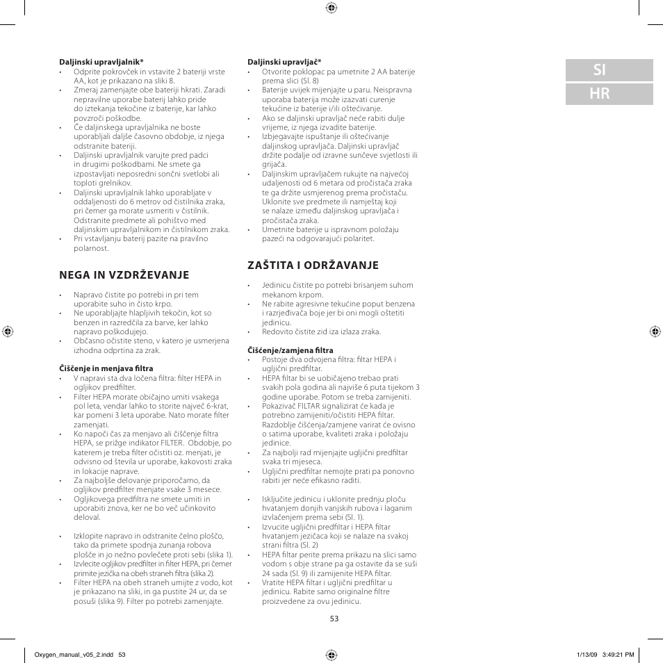 Si hr, Nega in vzdrževanje, Zaštita i održavanje | Electrolux Z9124 User Manual | Page 53 / 76