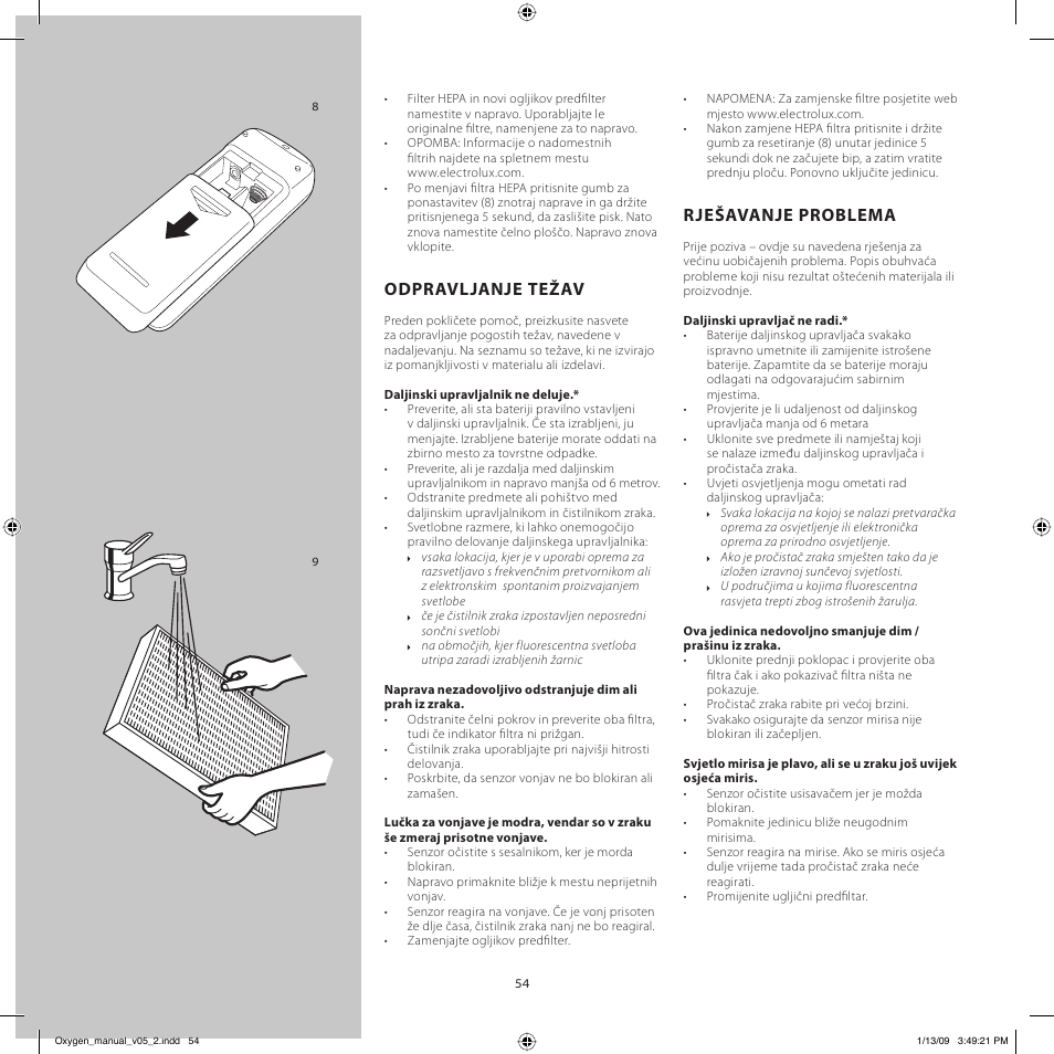 Odpravljanje težav, Rješavanje problema | Electrolux Z9124 User Manual | Page 54 / 76