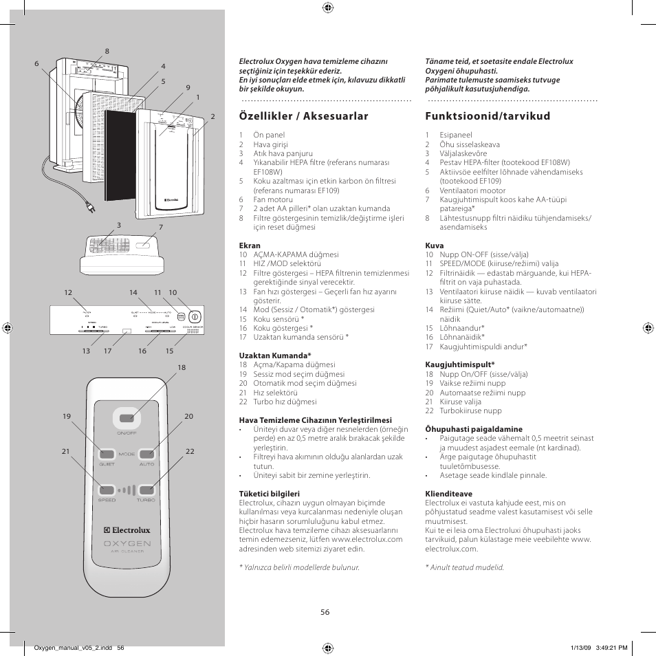 Özellikler / aksesuarlar, Funktsioonid/tarvikud | Electrolux Z9124 User Manual | Page 56 / 76